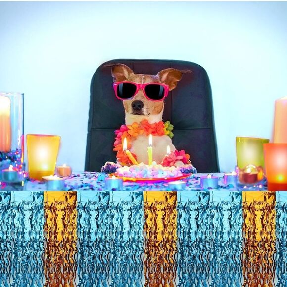 NWT 2 Pack Tinsel Foil Fringe Table Skirt, 108.3 x 29.5” Blue Orange Wavy Party - Picture 9 of 9